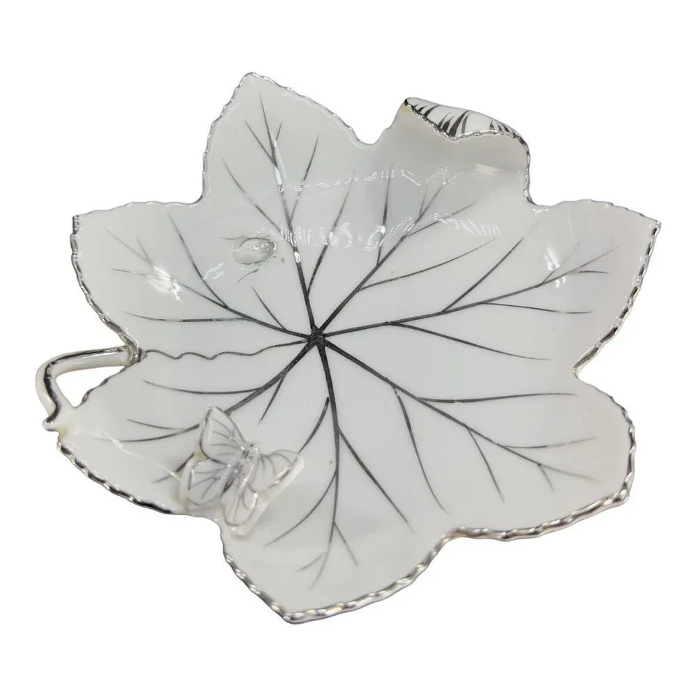Andrea By Sadek Hand Painted Leaf Dish‎ Bowl Silver Overlay Butterfly And A Bug